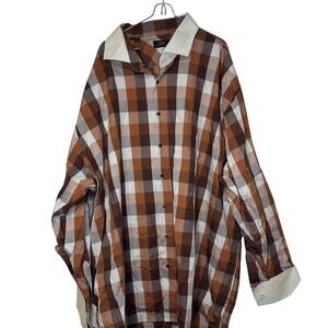 Steven Land Men's Shirt Plaid Check French Cuff Cotton Brown White Tall 20-36/37